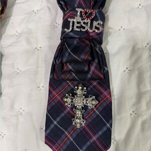 Upcycle Navy Plaid Tie necklace with Cross Embellishment